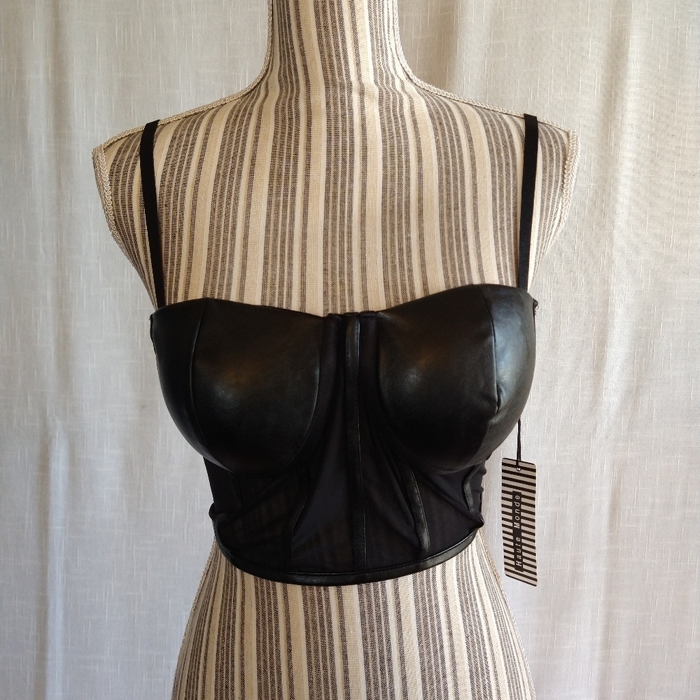 Black Faux Leather Semi Sheer Strappy  Bustier Bralette Corset Size Medium